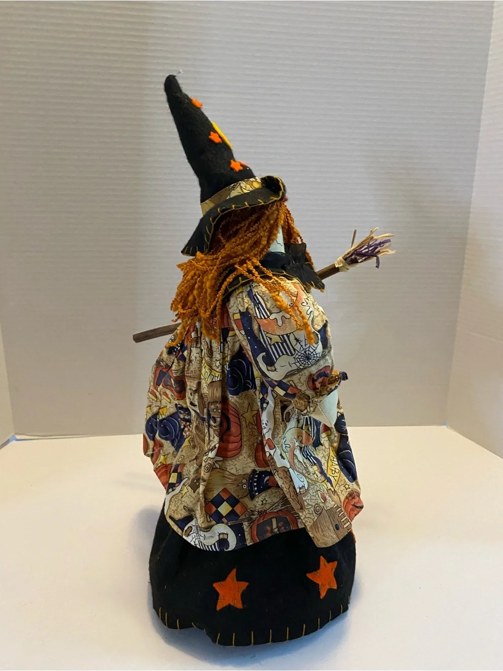 Vintage Witch With Broom Fabric Orange And Black Weighted Bottom Prima Creations